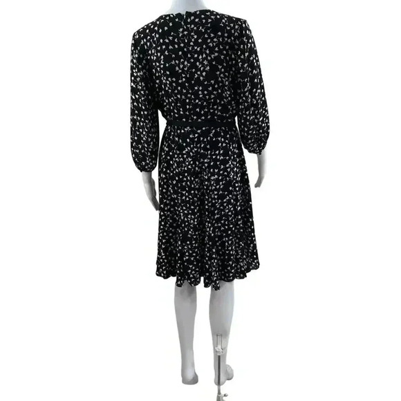 Talbots Black MIDI Dress SZ 8 Long Sleeve White Print Fit Flare Silhouette Flowy - Picture 3 of 16